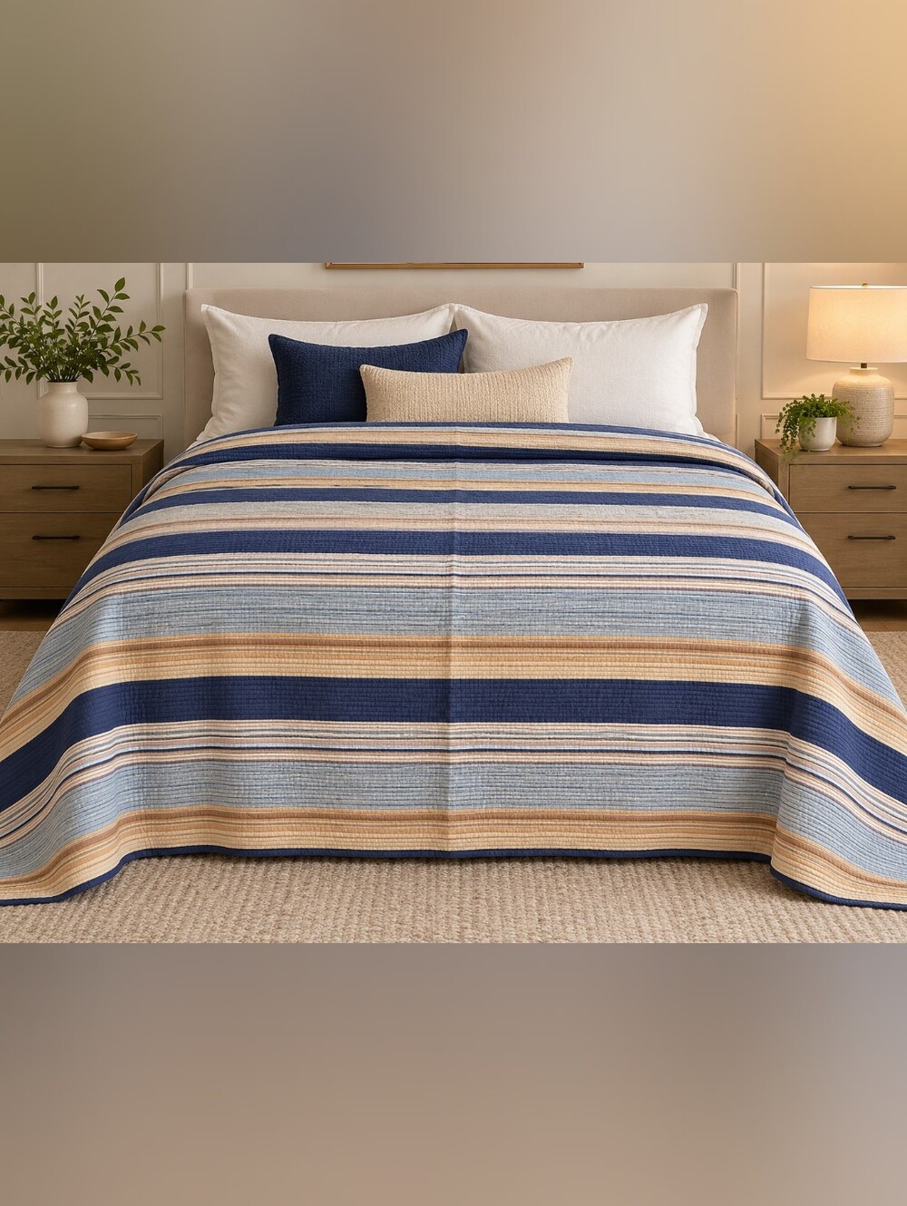 Striped Quilted Bedspread in Navy and Beige - Brand: